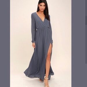 Lulus Wondrous Water Lilies Gray Blue Long Sleeve Maxi Dress Women’s Small